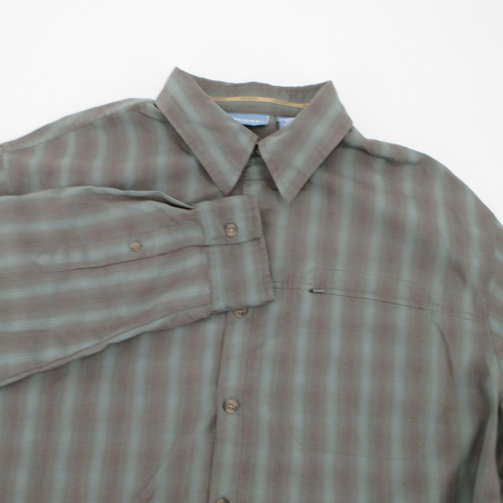 Quest Mens Long Sleeve Button Down Shirt Olive Green Brown Striped Large